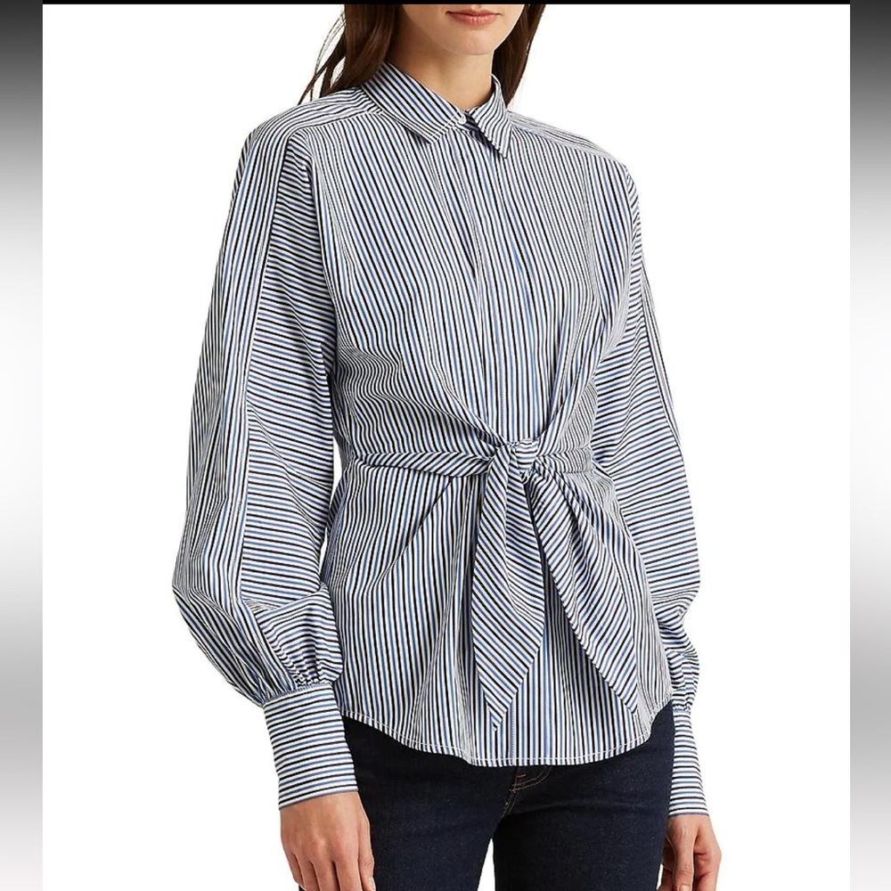 NWT Ralph Lauren Tie Front Blue Stripe Broadcloth Shirt